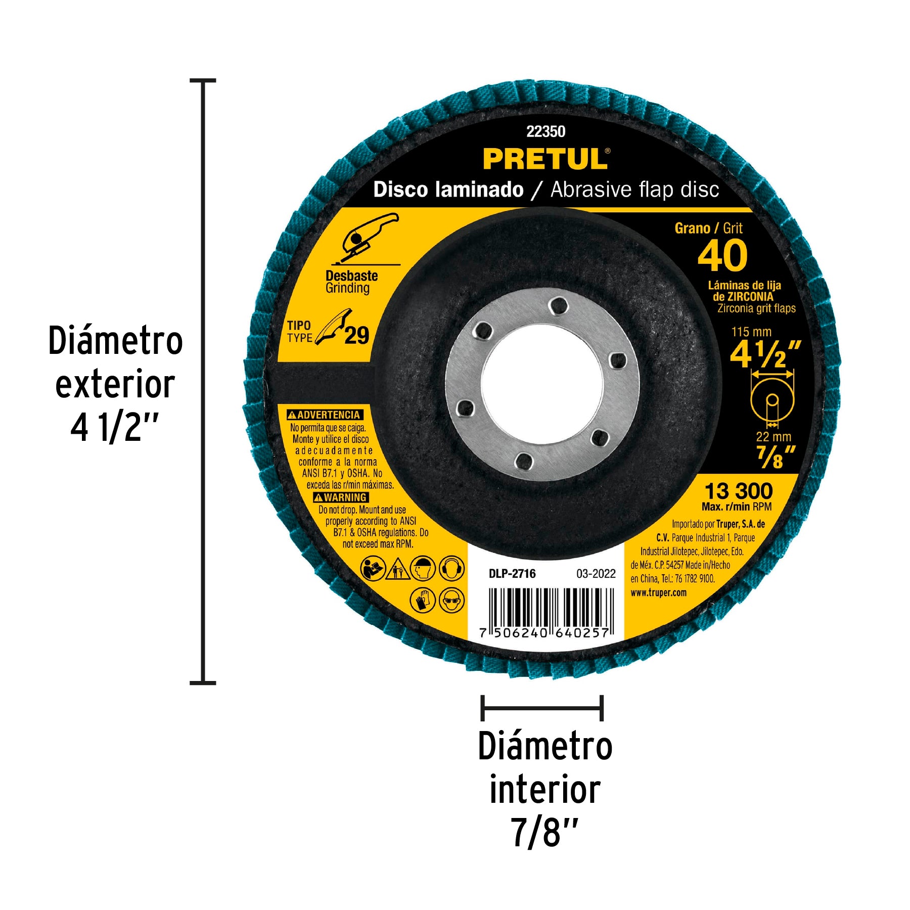 Disco 4-1/2' laminado grano 40 centro 7/8', Pretul DLP-2716 22350 MM00