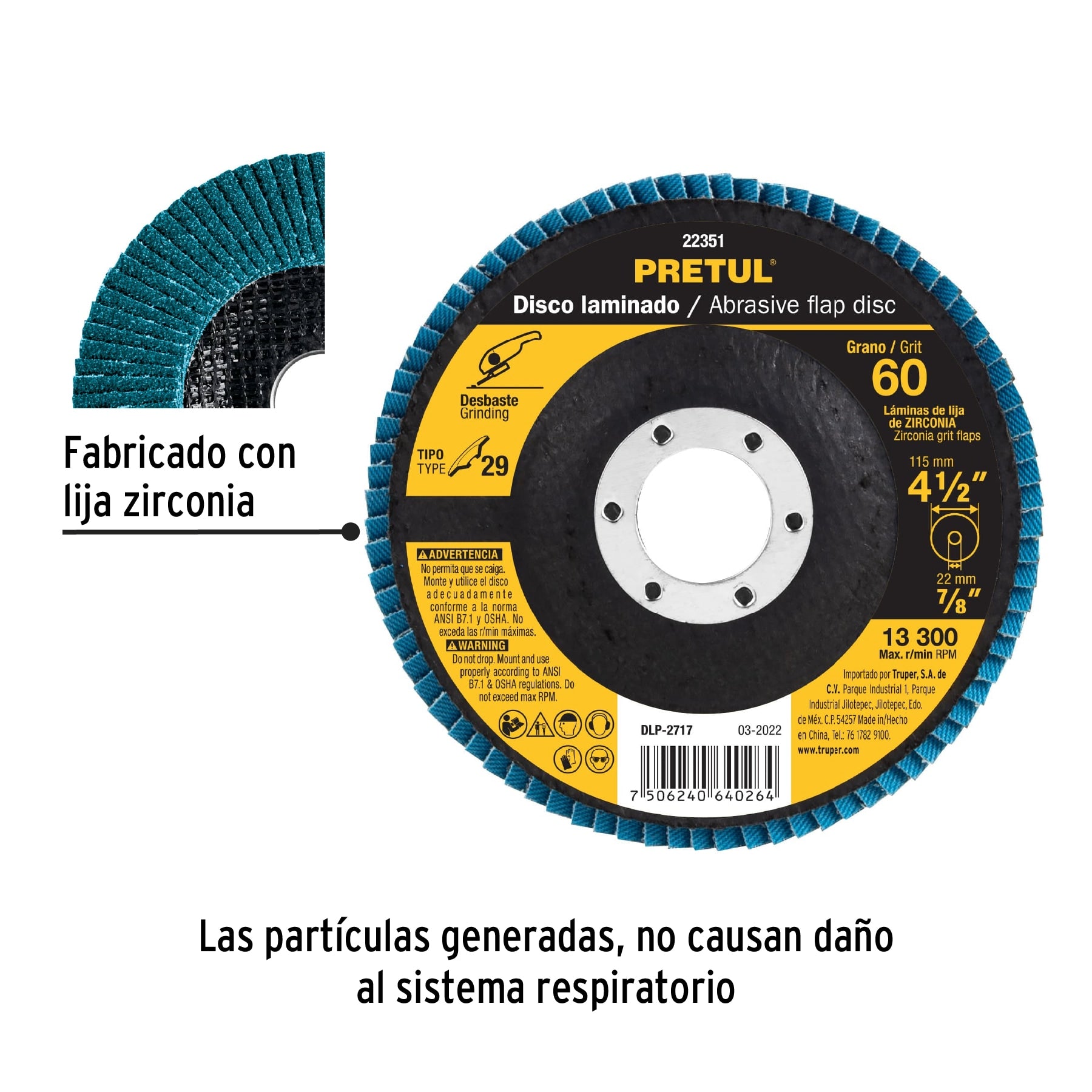 Disco 4-1/2' laminado grano 60 centro 7/8', Pretul DLP-2717 22351 MM00