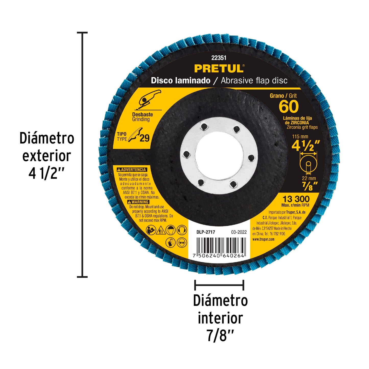 Disco 4-1/2' laminado grano 60 centro 7/8', Pretul DLP-2717 22351 MM00