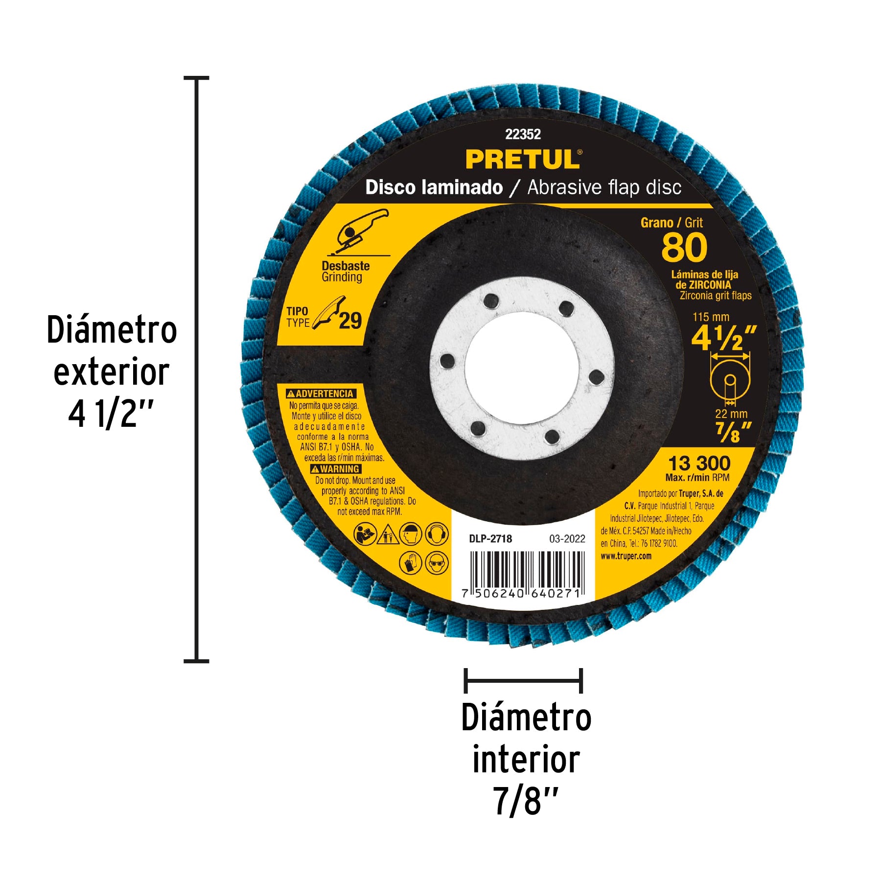 Disco 4-1/2' laminado grano 80 centro 7/8', Pretul DLP-2718 22352 MM00