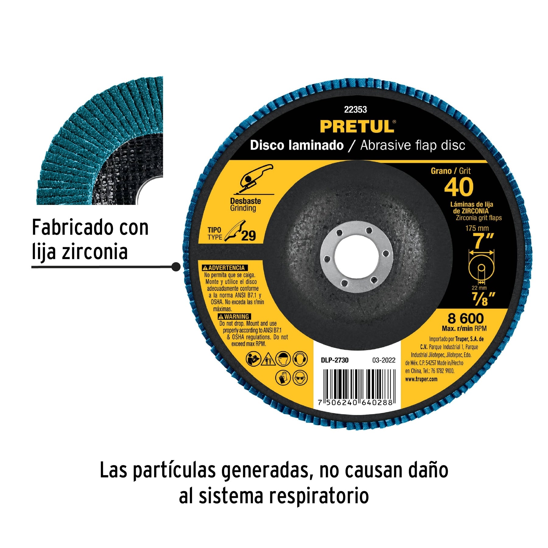 Disco 7' laminado grano 40 centro 7/8', Pretul DLP-2730 22353 MM00