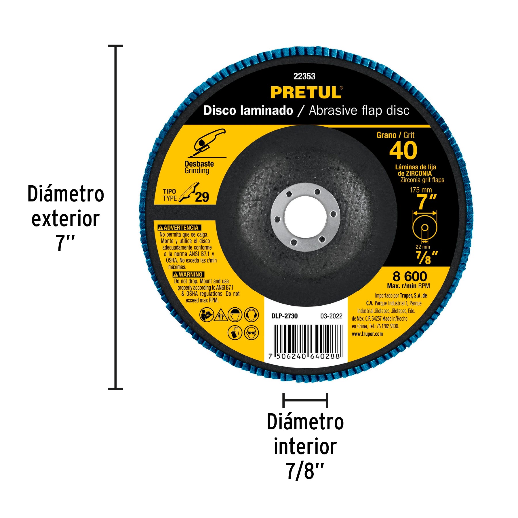 Disco 7' laminado grano 40 centro 7/8', Pretul DLP-2730 22353 MM00