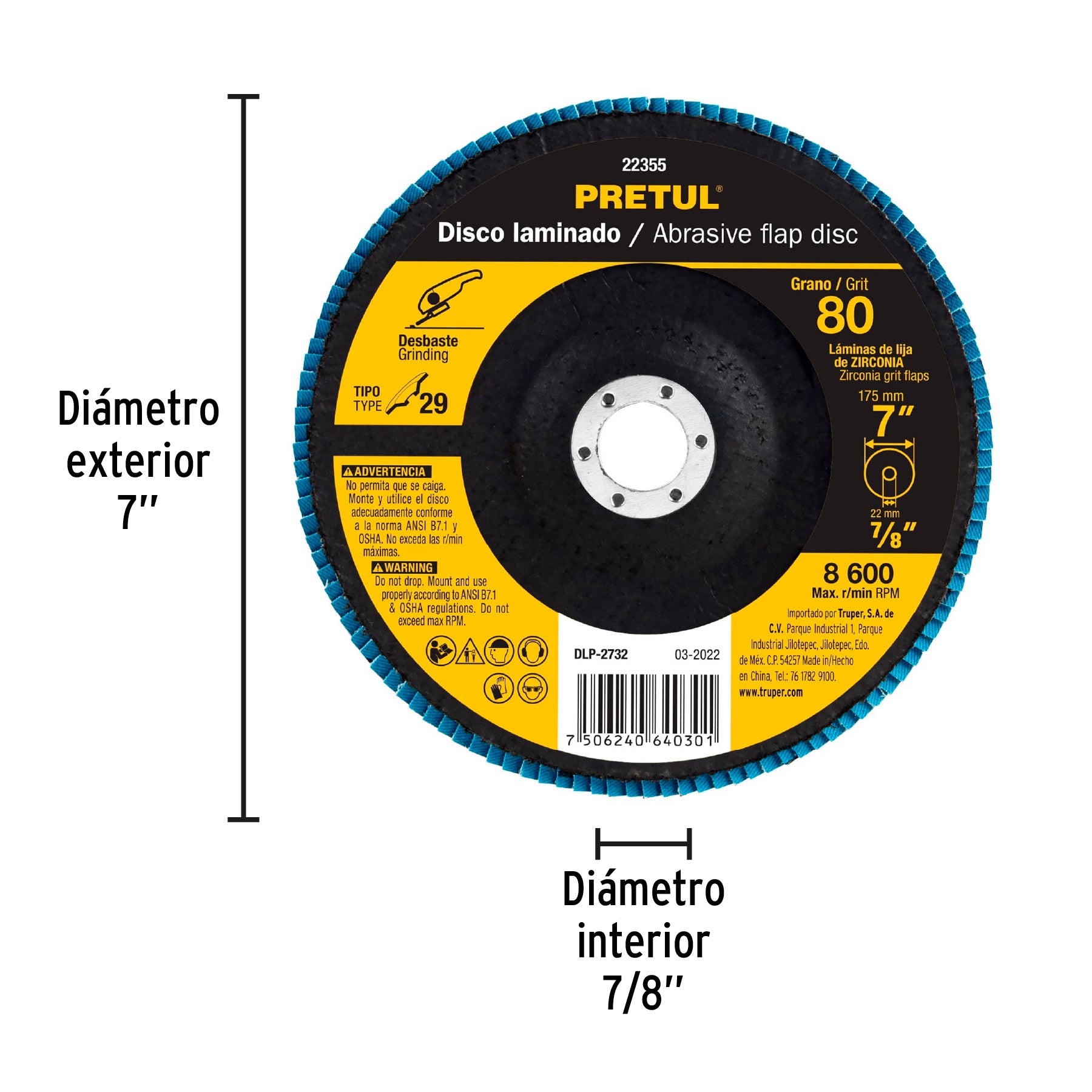 Disco 7' laminado grano 80 centro 7/8', Pretul DLP-2732 22355 MM00