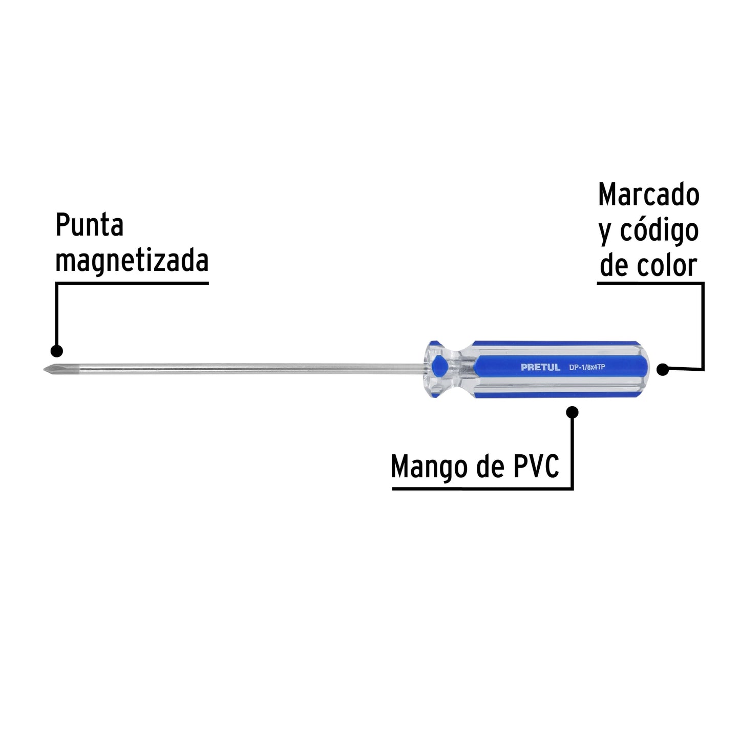 Desarmador de cruz 1/8' x 4' mango de PVC, Pretul DP-1/8X4TP 28076 MM00