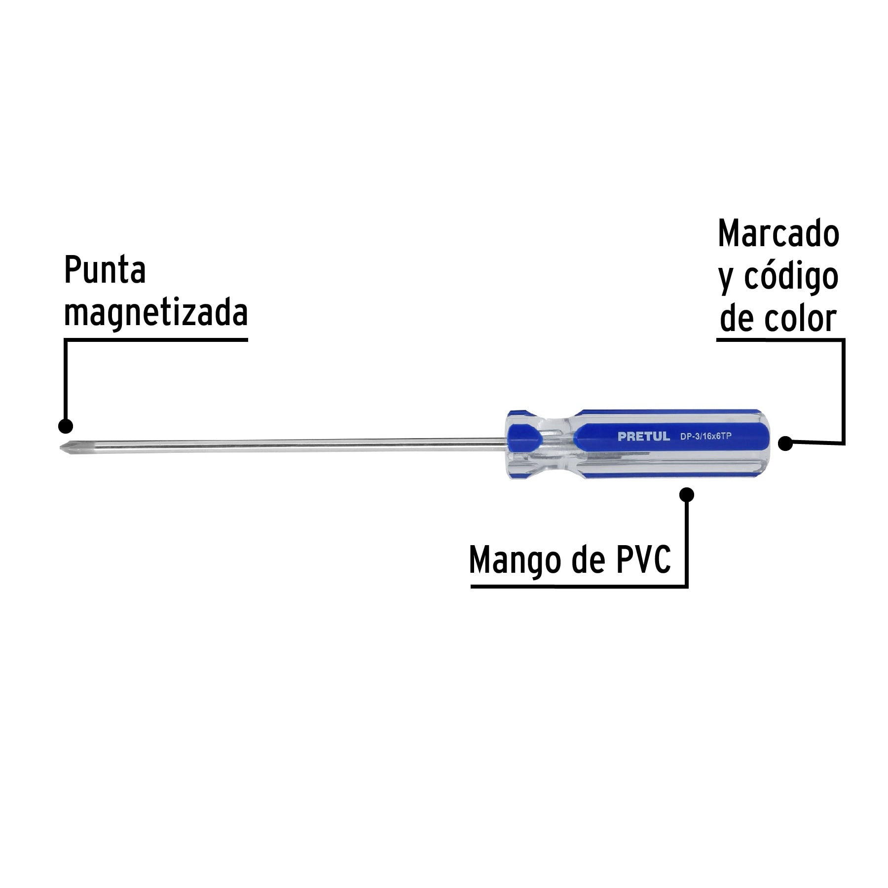 Desarmador de cruz 3/16 x 6' mango de PVC, Pretul DP-3/16X6TP 21472 MM00