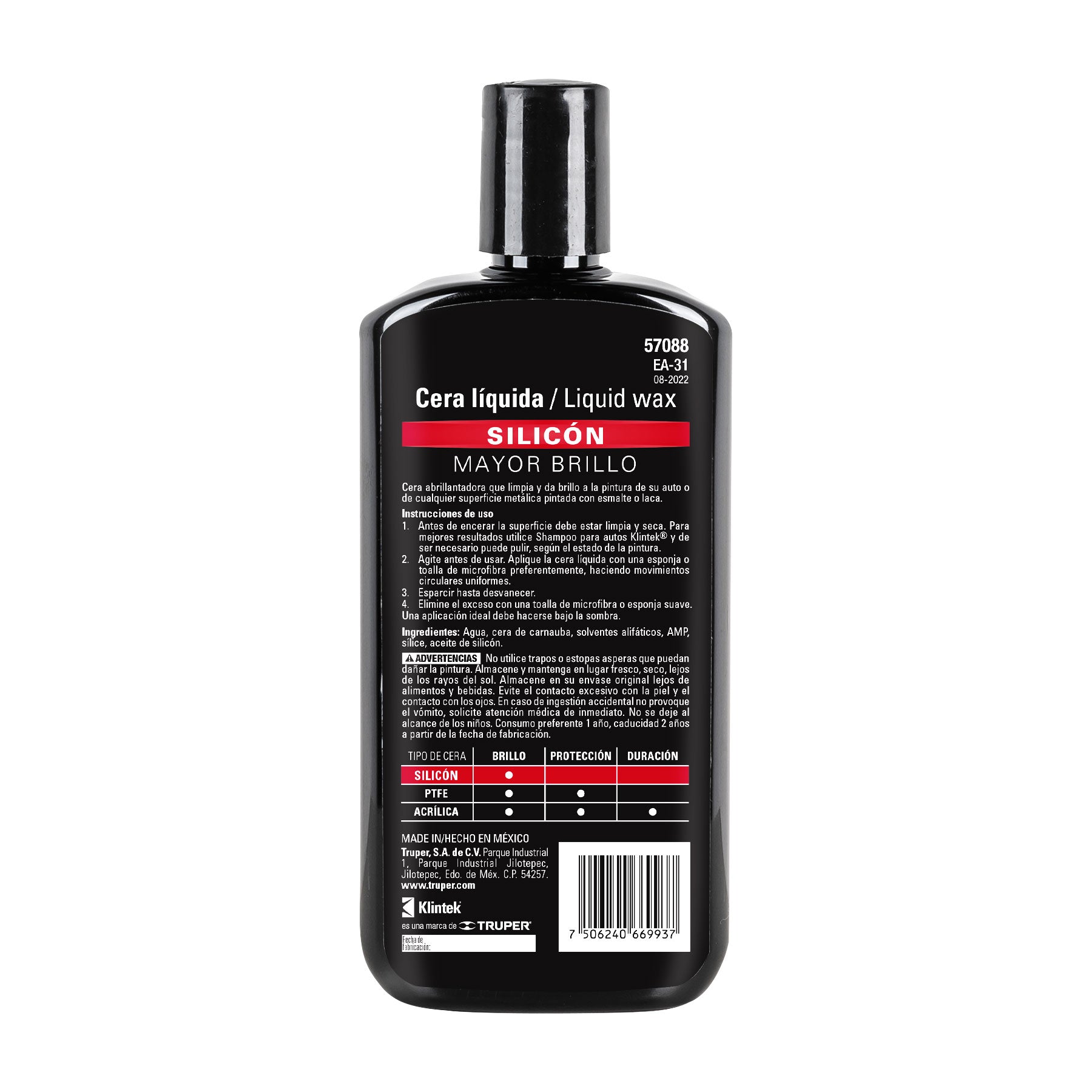 Cera líquida de silicón para auto, 473 ml, Klintek EA-31 57088 MM00