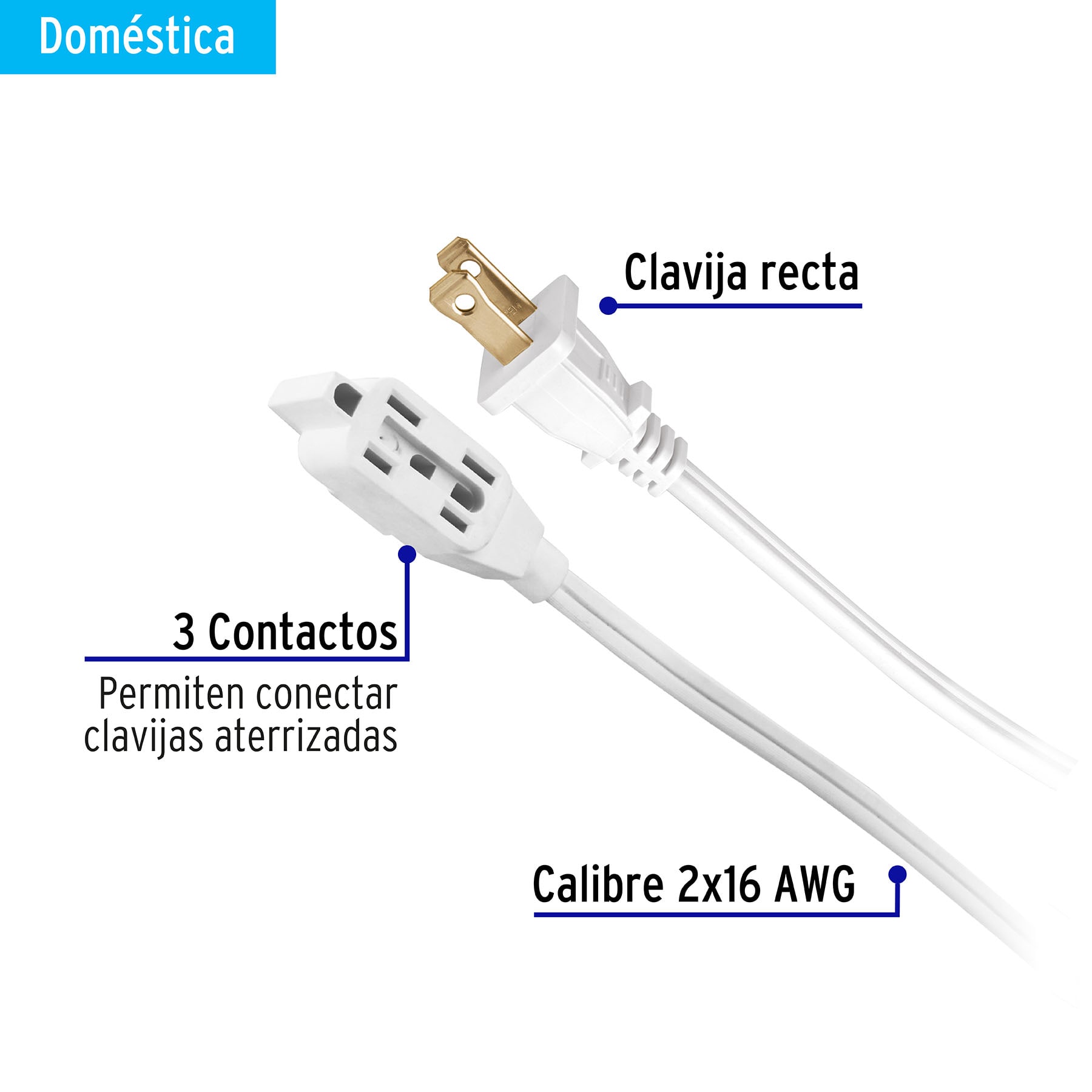 Extensión eléctrica doméstica 10 m blanca con clavija recta ED-10BR 40157 MM0