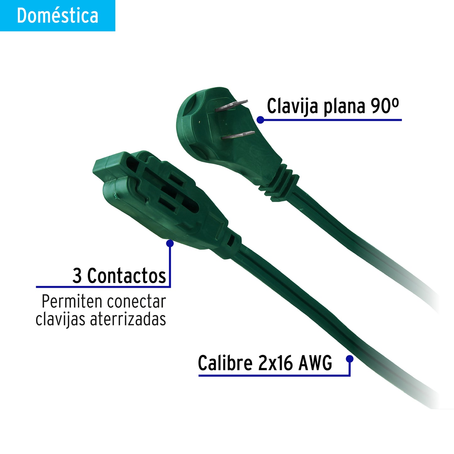 Extensión eléctrica doméstica 10 m verde con clavija plana ED-10V 48038 MM0