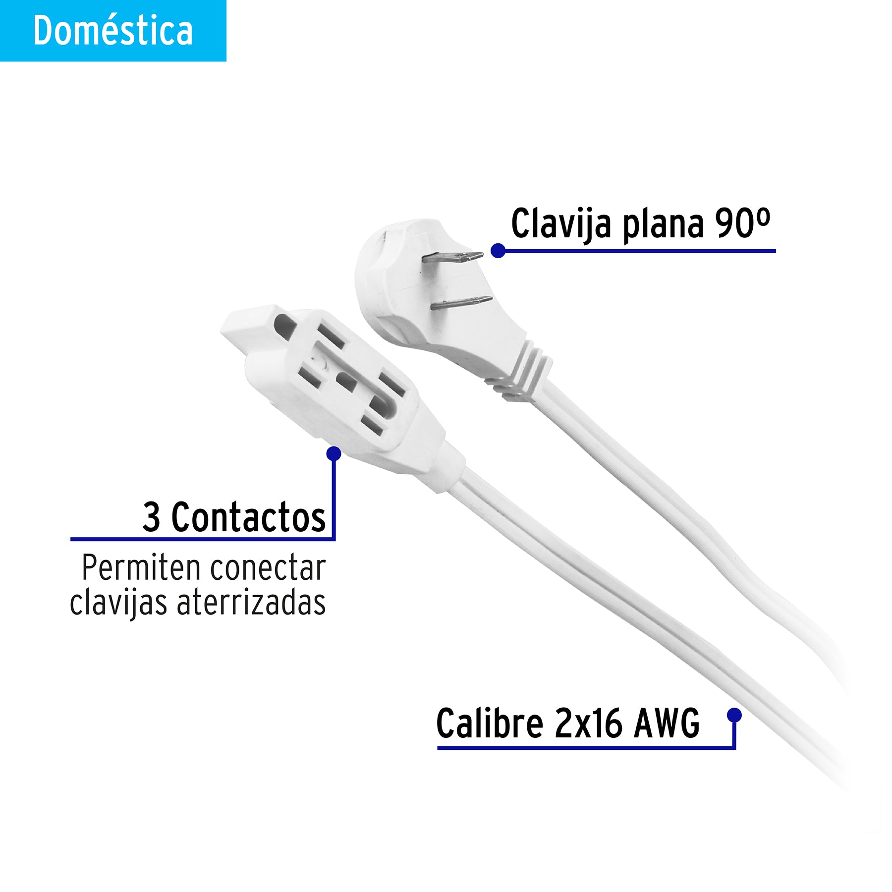 Extensión eléctrica doméstica 2 m blanca con clavija plana ED-2B 48000 MM0