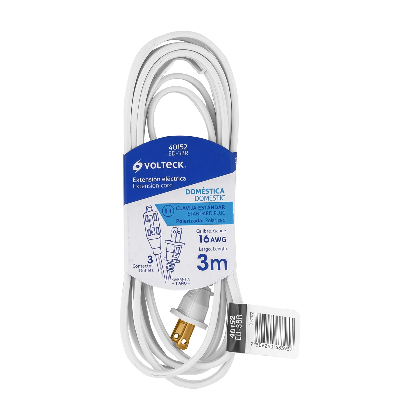 Extensión eléctrica doméstica 3 m blanca con clavija recta ED-3BR 40152 MM0