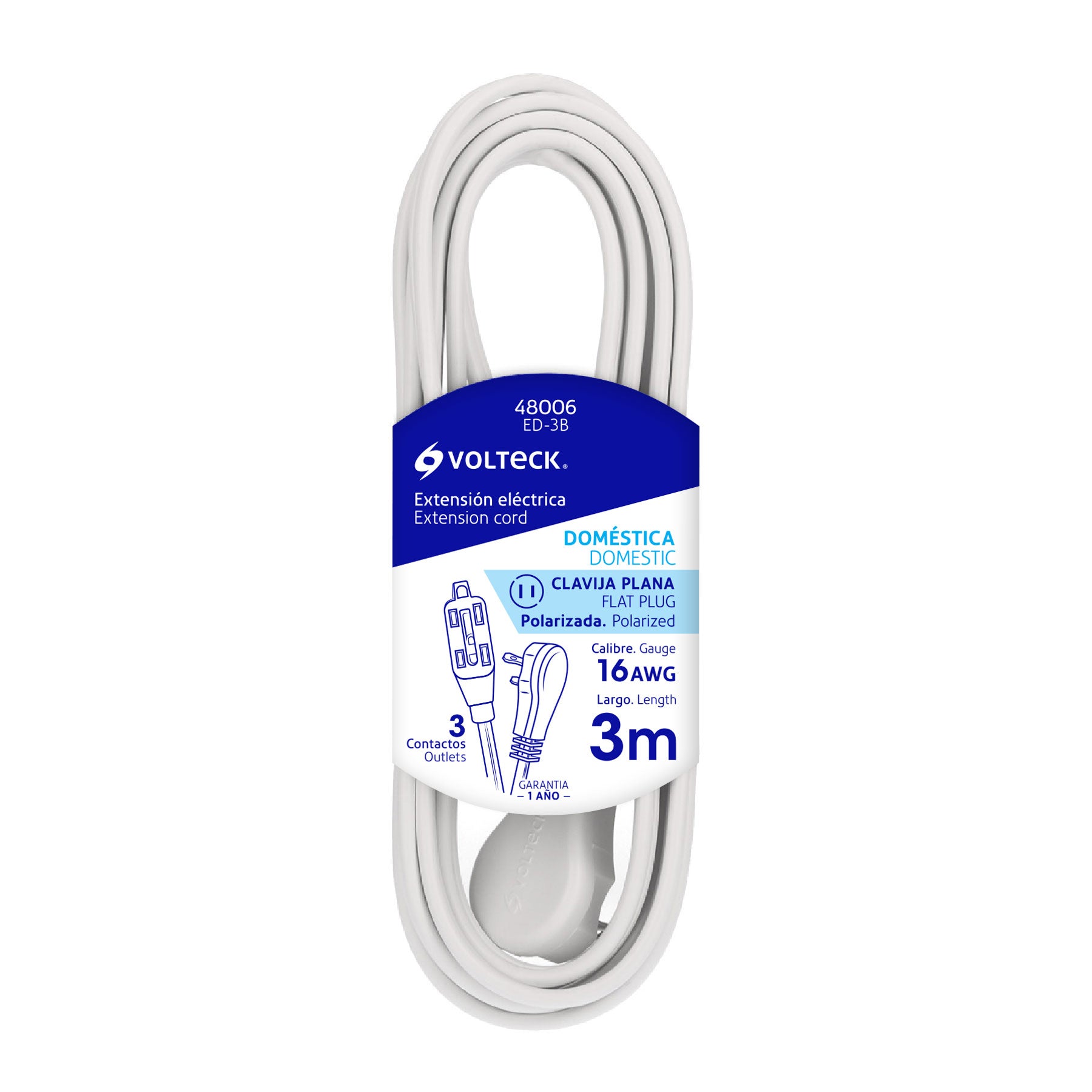 Extensión eléctrica doméstica 3 m blanca con clavija plana ED-3B 48006 MM0