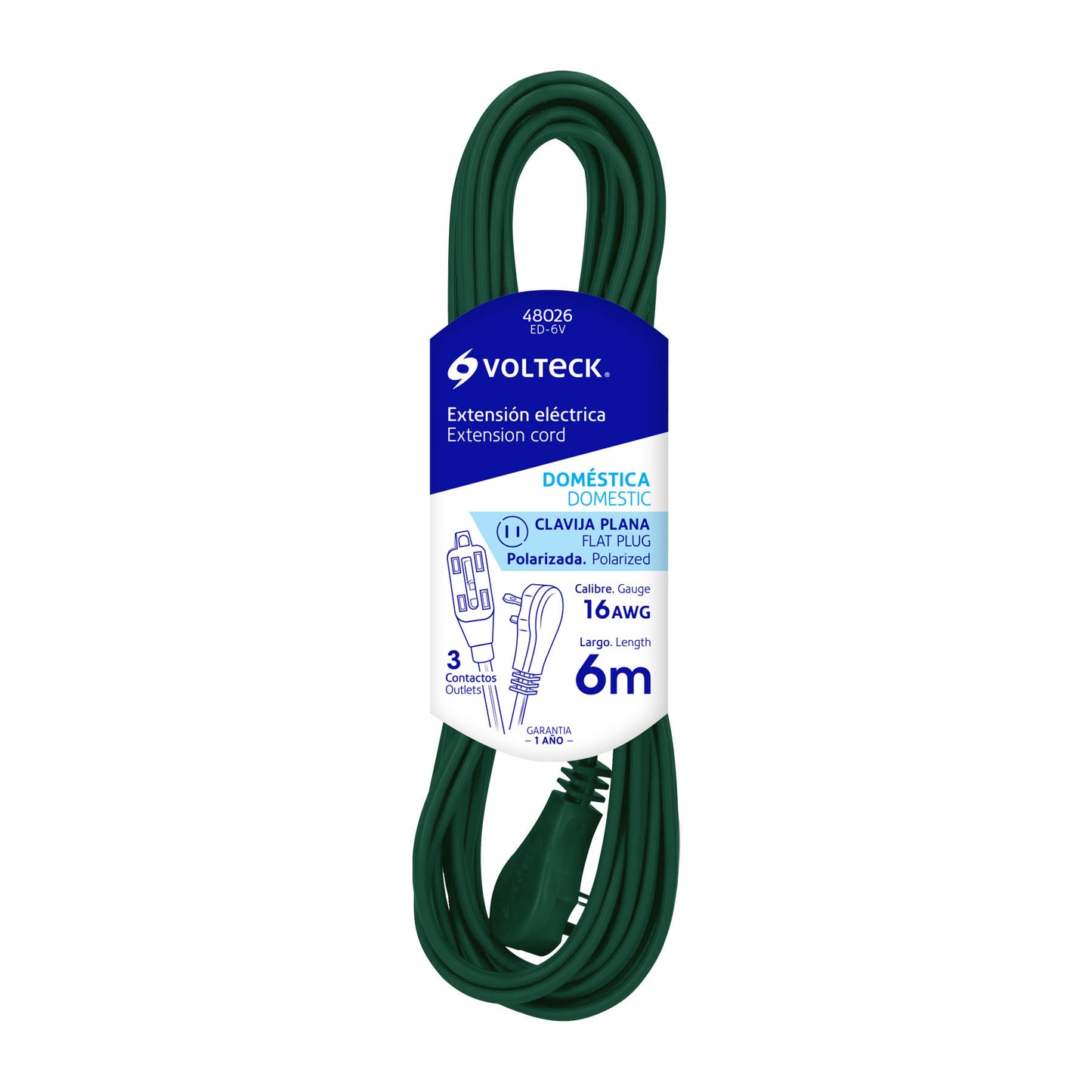 Extensión eléctrica doméstica 6 m verde con clavija plana ED-6V 48026 MM0