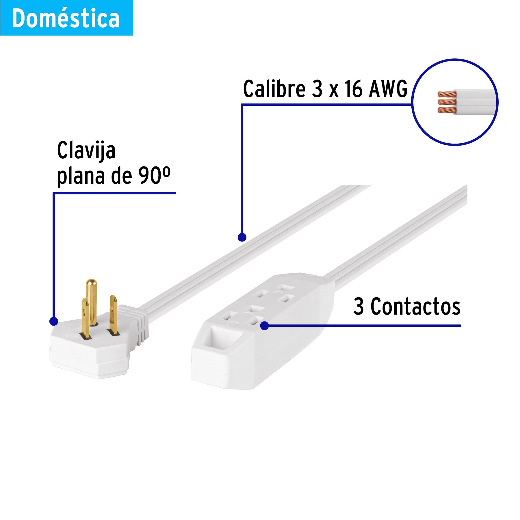 Extensión doméstica aterrizada 10 m blanca con clavija plana EDA-10B 49573 MM00