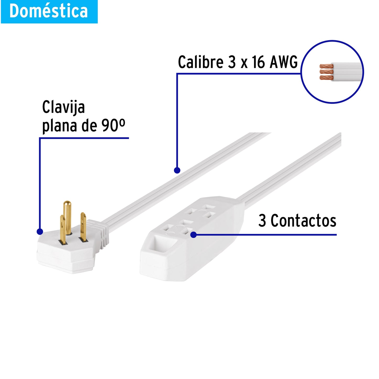 Extensión doméstica aterrizada 2 m blanca con clavija plana EDA-2B 46987 MM0