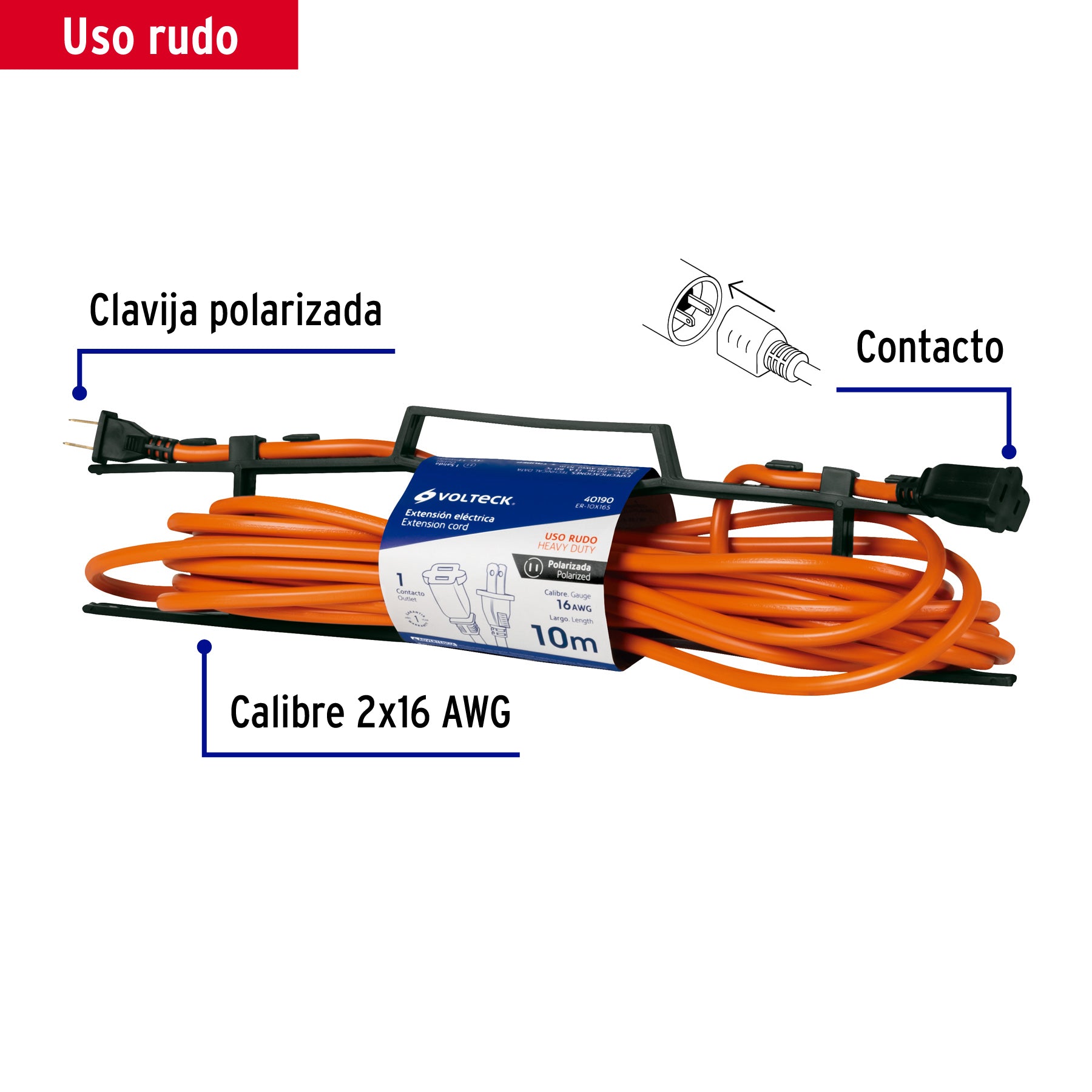 Extensión eléctrica uso rudo 10 m 2x16 AWG para 1 clavija ER-10X16S 40190 MM0