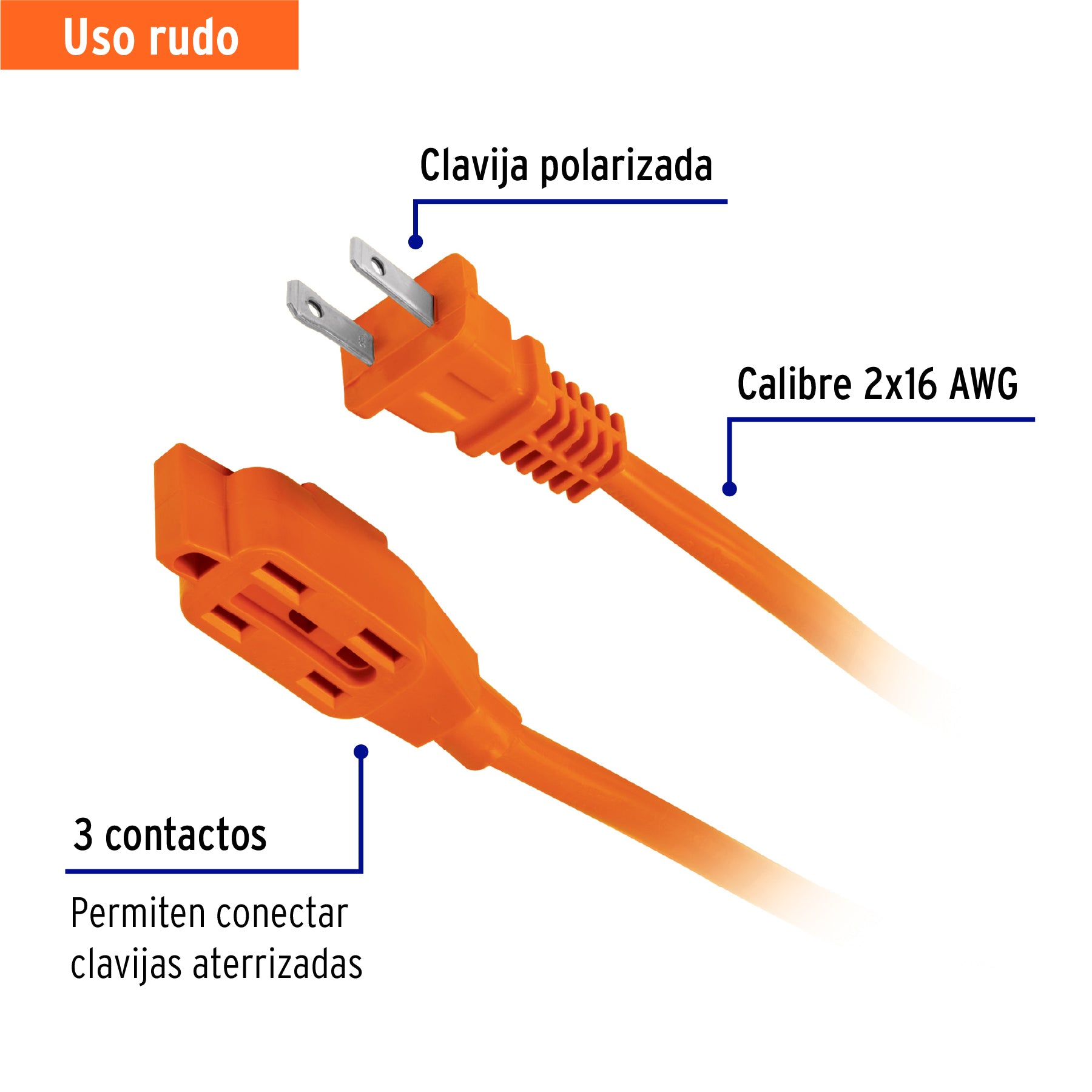 Extensión eléctrica de uso rudo 10 m 2x16 AWG, Volteck ER-10X16 48046 MM0