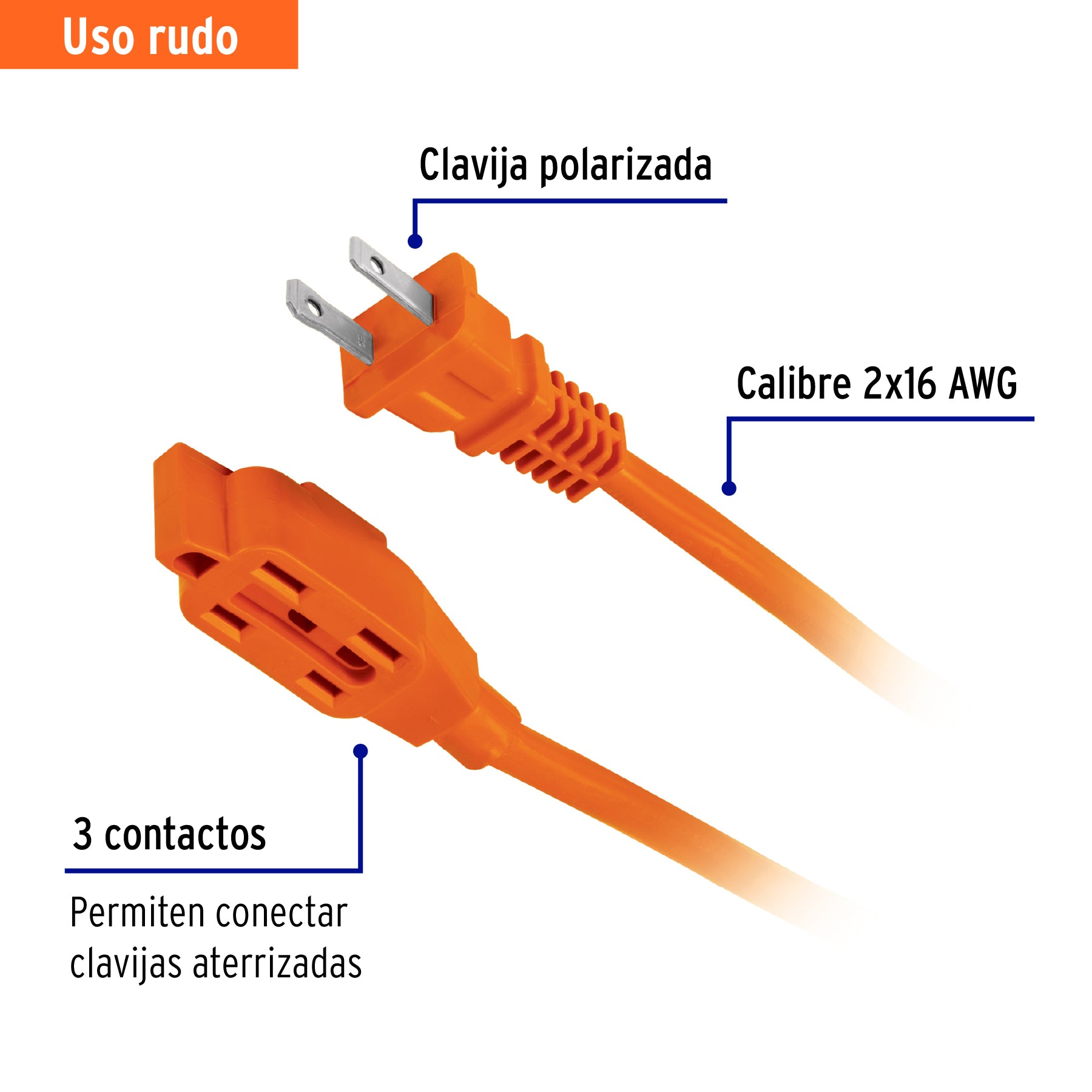 Extensión eléctrica de uso rudo 12 m 2x16 AWG, Volteck ER-12X16 48047 MM0