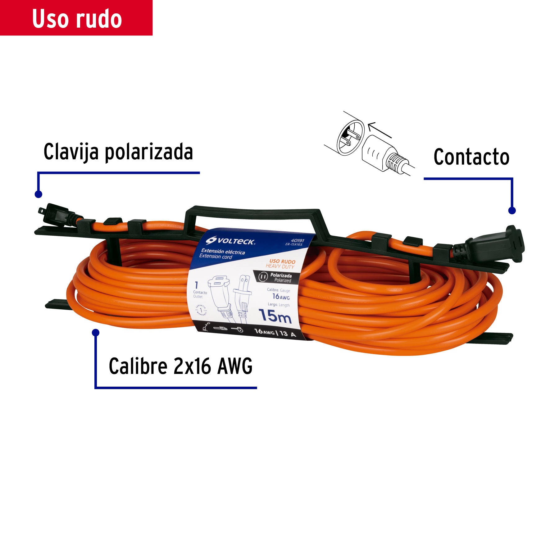 Extensión eléctrica uso rudo 15 m 2x16 AWG para 1 clavija ER-15X16S 40191 MM0