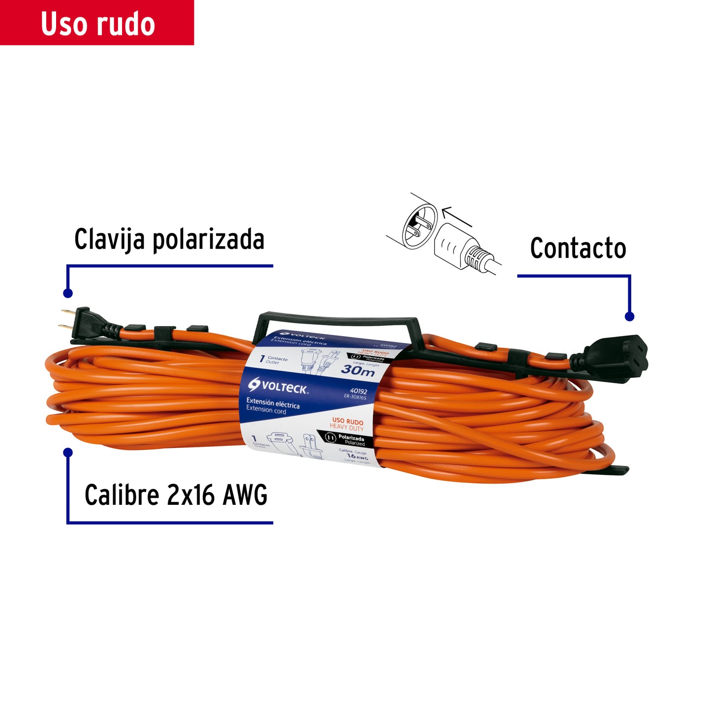 Extensión eléctrica uso rudo 30 m 2x16 AWG para 1 clavija ER-30X16S 40192 MM0