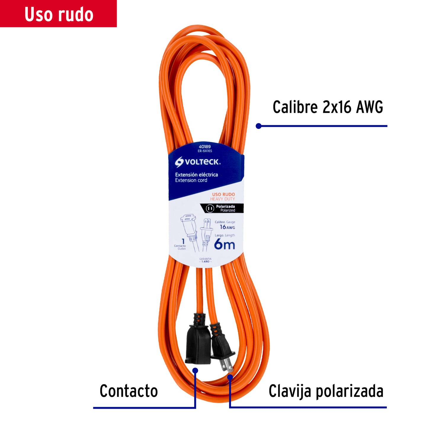 Extensión eléctrica uso rudo 6m 2x16 AWG para 1 clavija ER-6X16S 40189 MM0