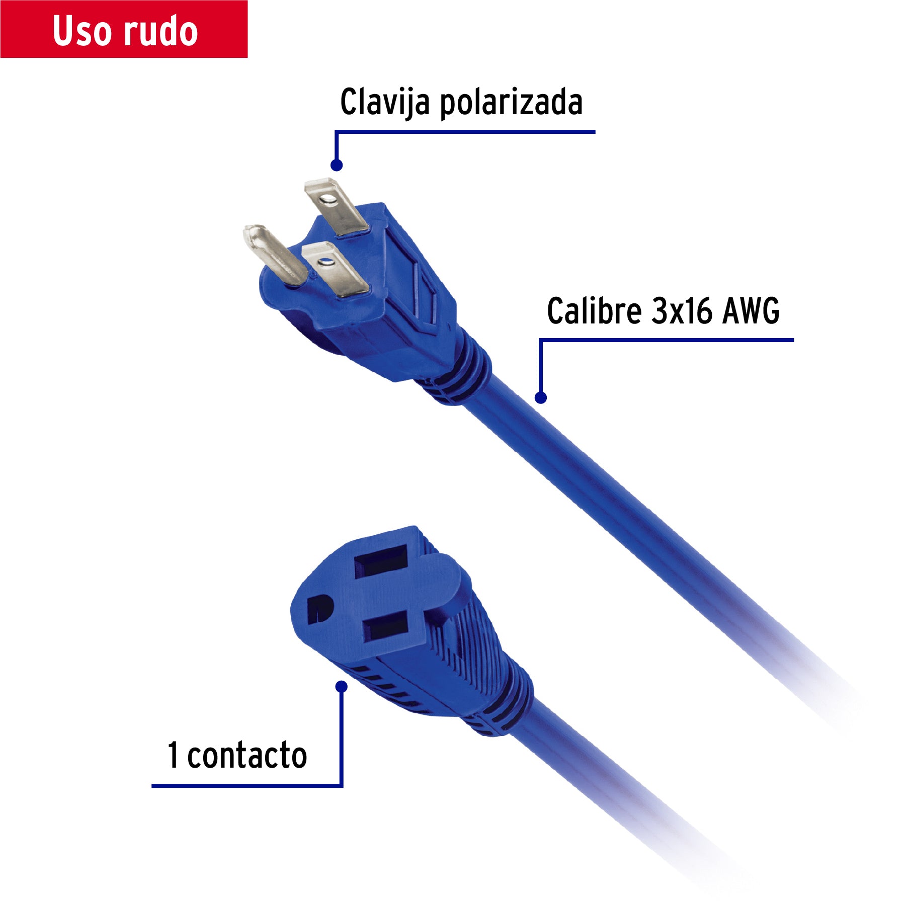 Extensión de uso rudo aterrizada 15 m 3x16 AWG, Volteck ERA-15X16 48059 MM0