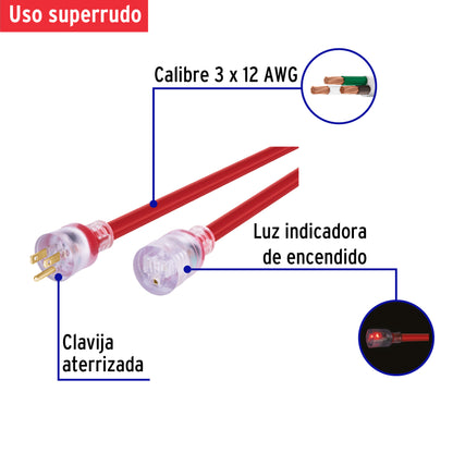 Extensión reforzada aterrizada 20 m 3x12 AWG, Volteck ERA-20X12 46556 MM0