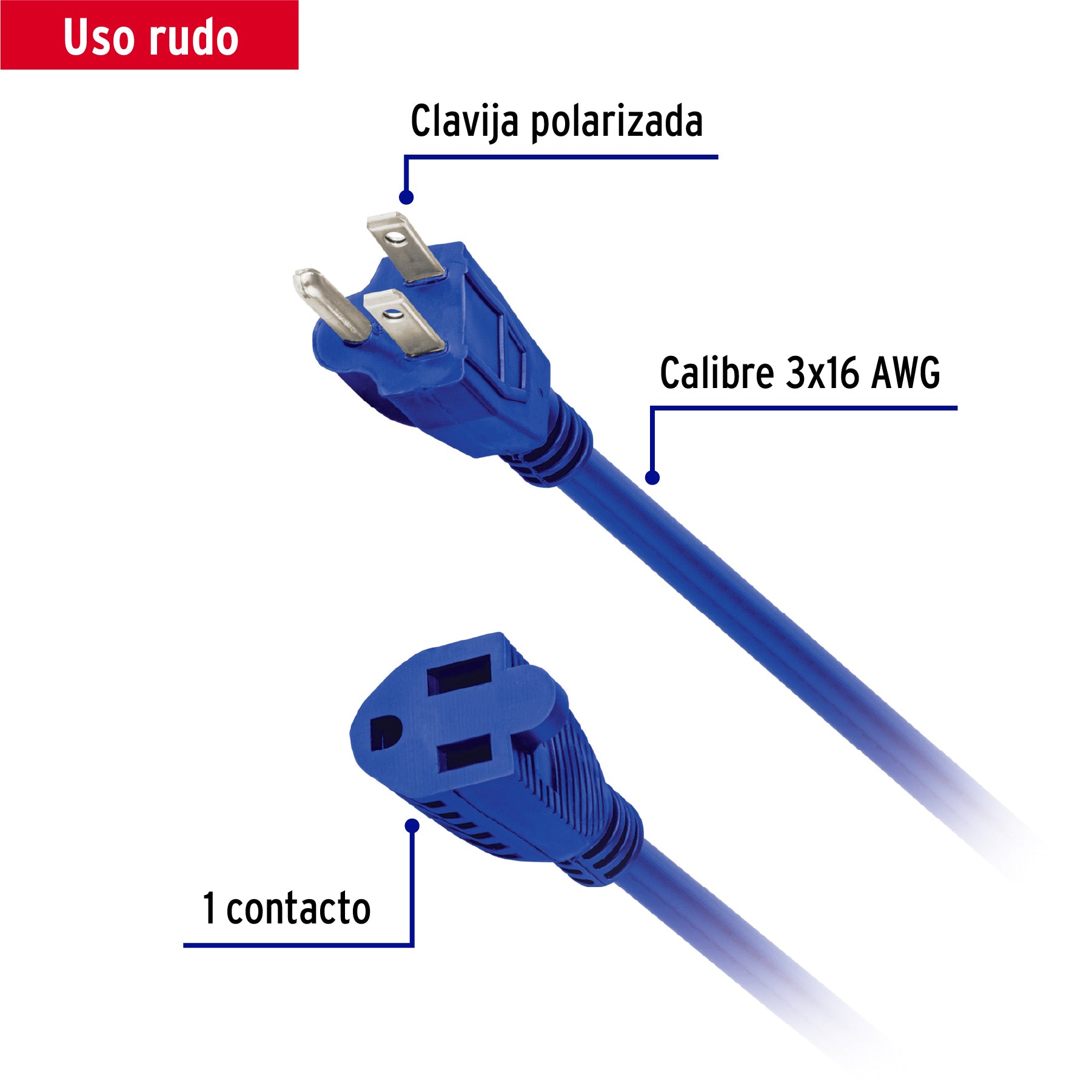 Extensión de uso rudo aterrizada 4 m 3x16 AWG, Volteck ERA-4X16 48057 MM0