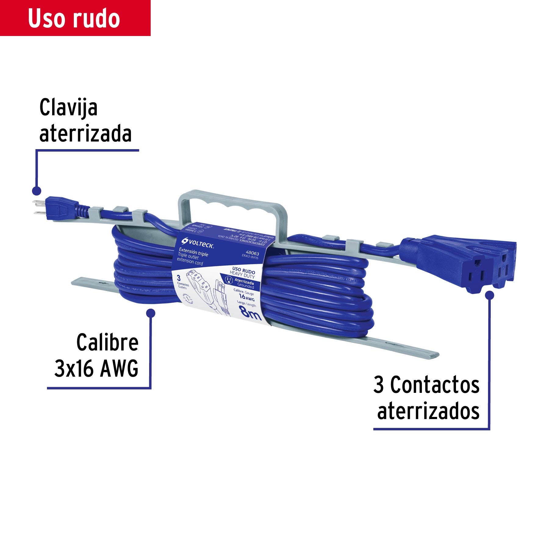 Extensión triple uso rudo 8 m tipo abanico 3x16 AWG, Volteck ERA3-8X16 48063 MM0