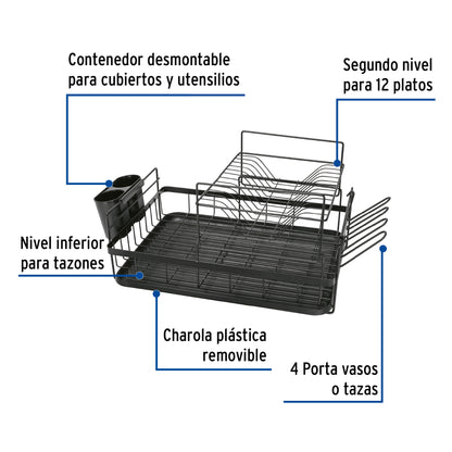 Escurridor negro de acero con 2 niveles para trastes, grande ETR-4 47502 MM00