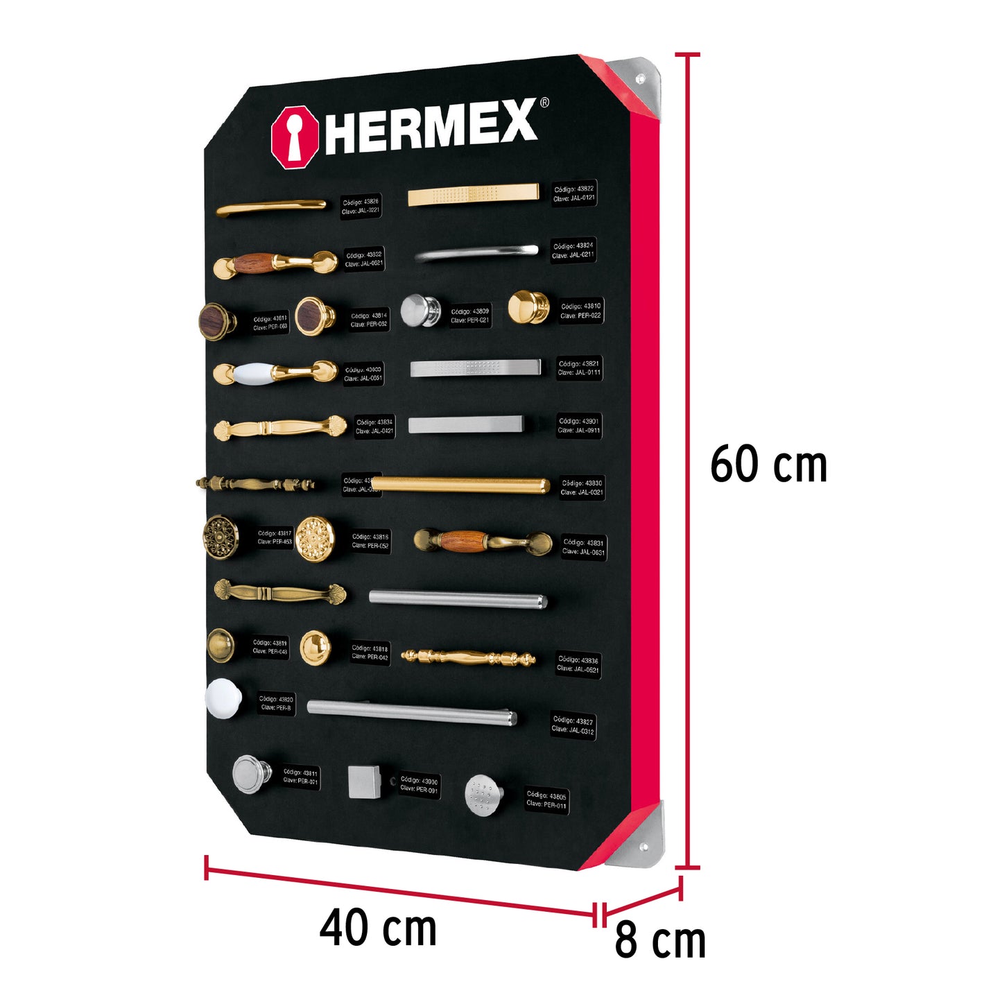 Exhibidor con jaladeras y perillas, 1 tablero, Hermex EX-HE-JP1 53001 MM3