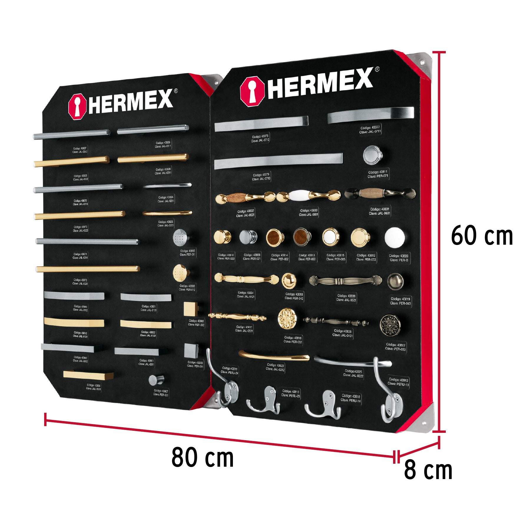 Exhibidor con jaladeras y perillas, 2 tableros, Hermex EX-HE-JP2 53002 MM3