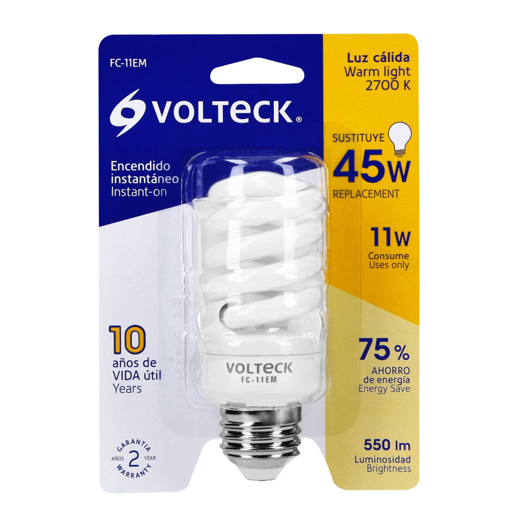 Lámpara espiral mini T2 11 W luz cálida en blíster, Volteck FC-11EM 48503 MM0