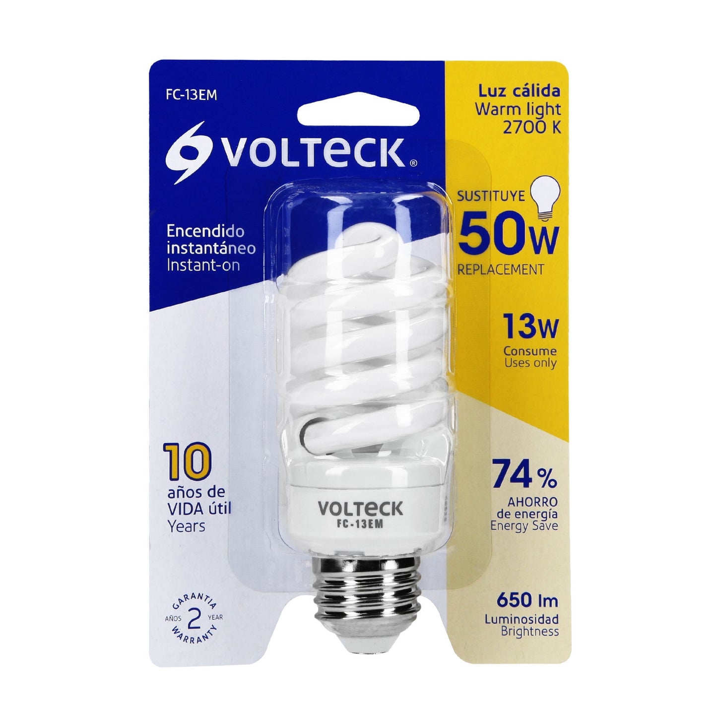 Lámpara espiral mini T2 13 W luz cálida en blíster, Volteck FC-13EM 48505 MM0