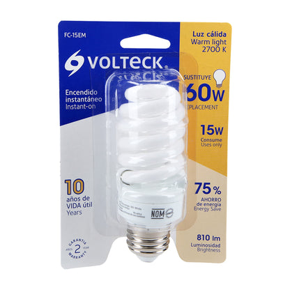 Lámpara espiral mini T2 15 W luz cálida en blíster, Volteck FC-15EM 48205 MM0