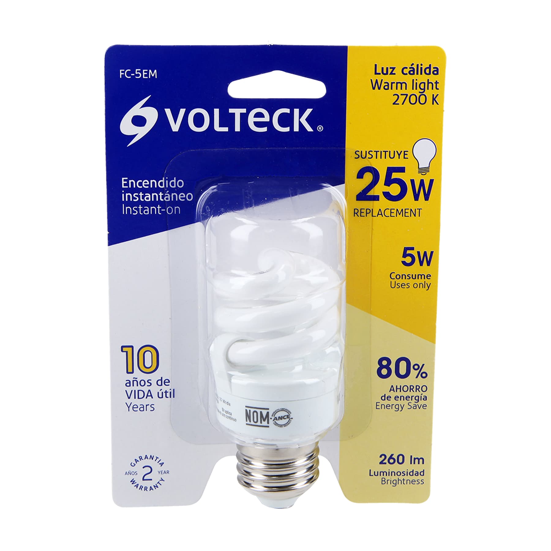 Lámpara espiral mini T2 5 W luz cálida en blíster, Volteck FC-5EM 48201 MM0