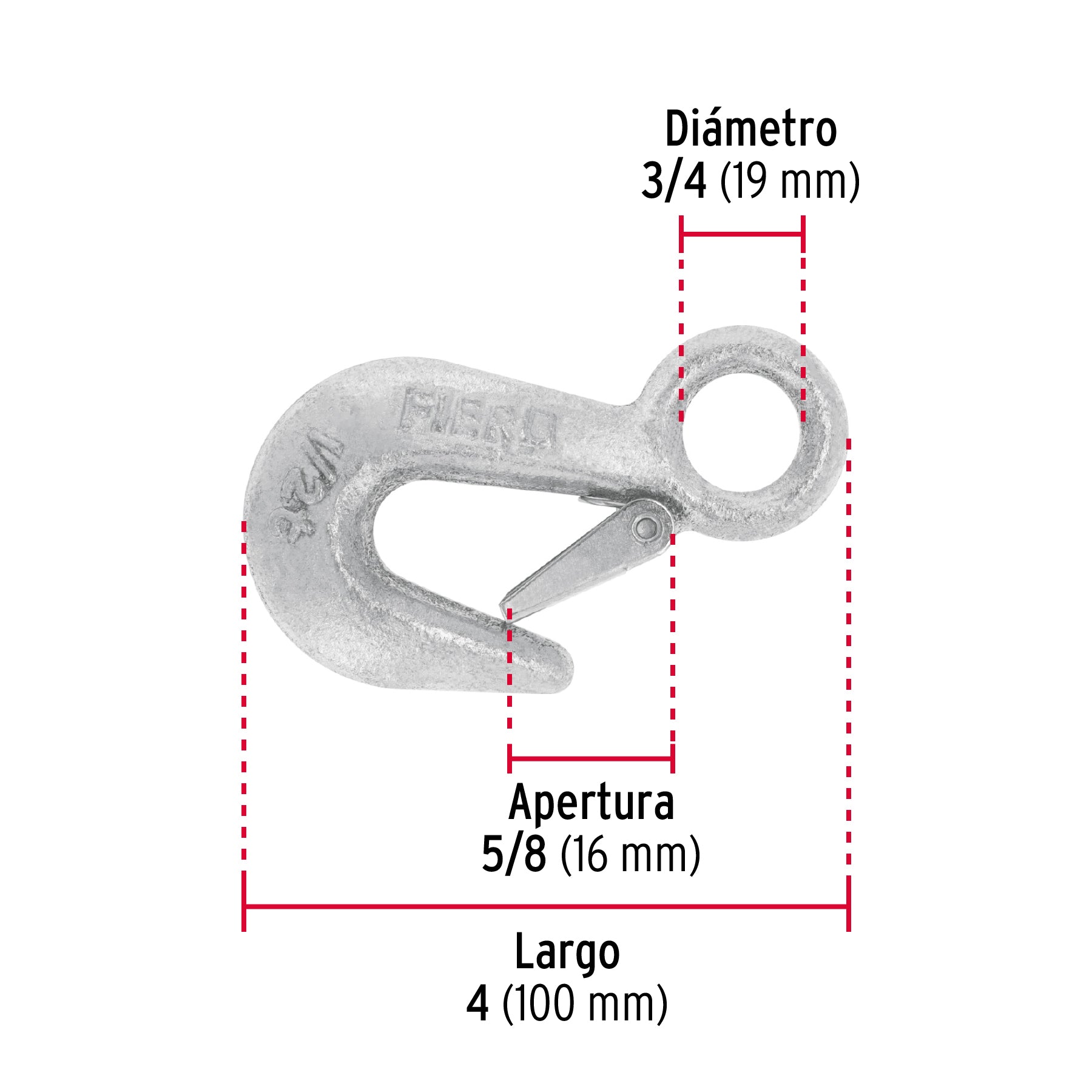 Gancho eslinga de acero forjado 3/4', carga 500 kg, Fiero GANES-3/4 44075 MM00