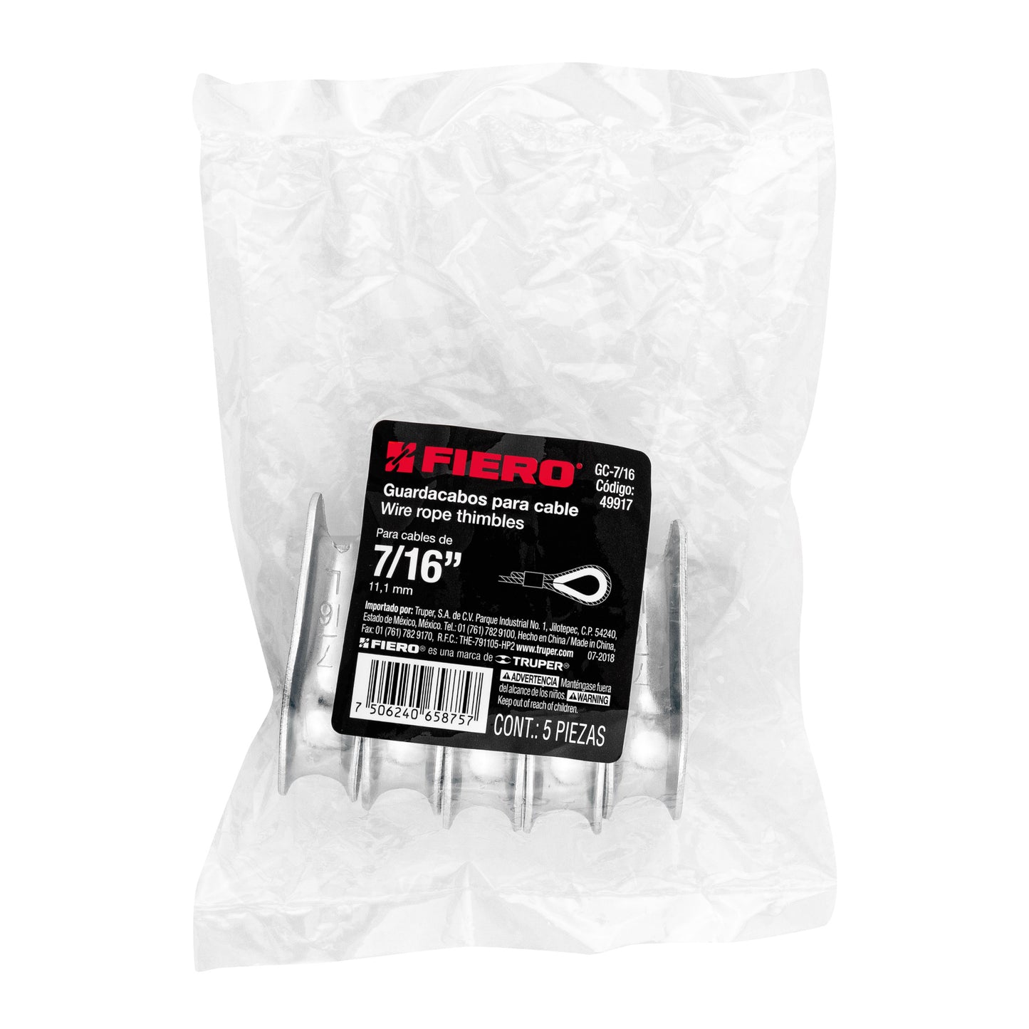 Bolsa con 5 guardacabos para cable de acero de 7/16', Fiero GC-7/16 49917 MM00