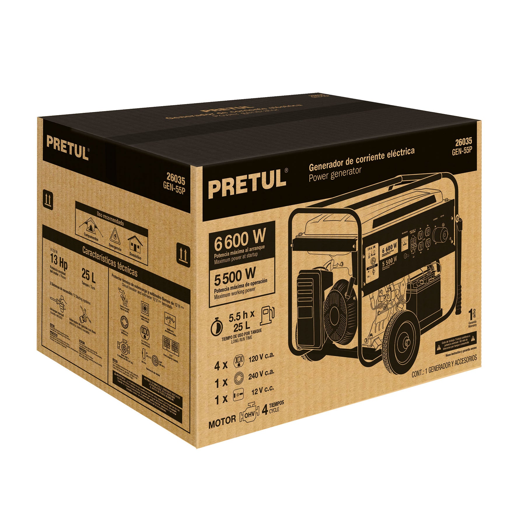 Generador portátil 6.6 kW motor a gasolina, Pretul GEN-55P 26035 MM1