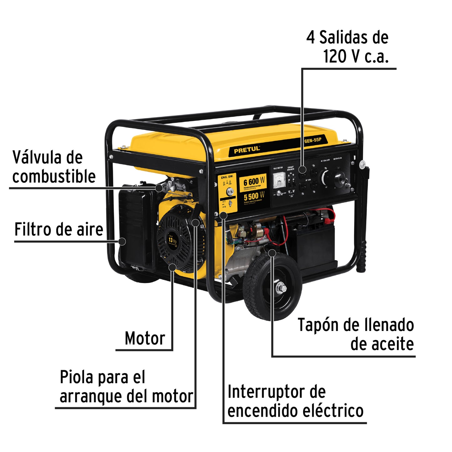 Generador portátil 6.6 kW motor a gasolina, Pretul GEN-55P 26035 MM1