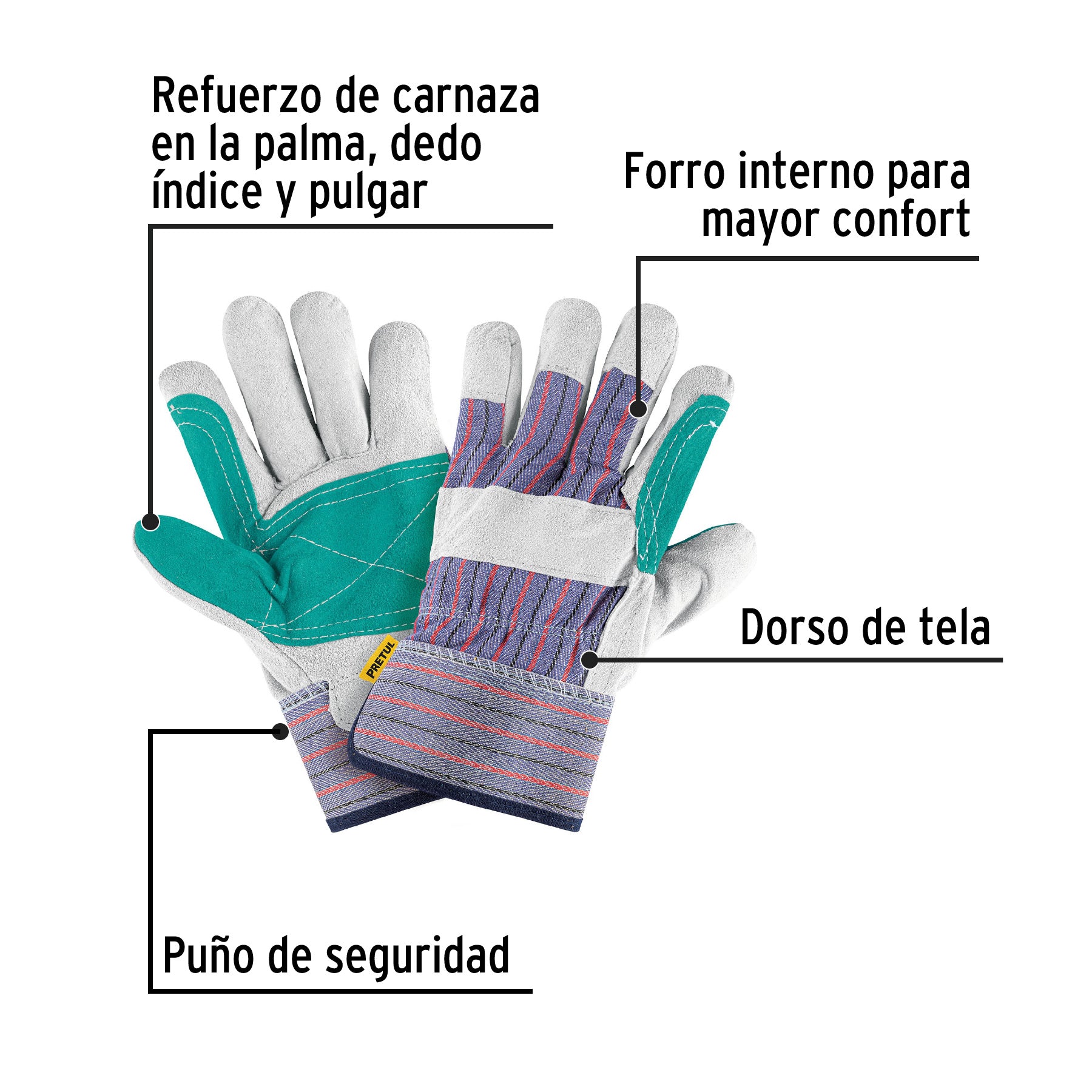 Guantes de carnaza y loneta con refuerzo, unitalla, Pretul GU-215P 29977 MM1