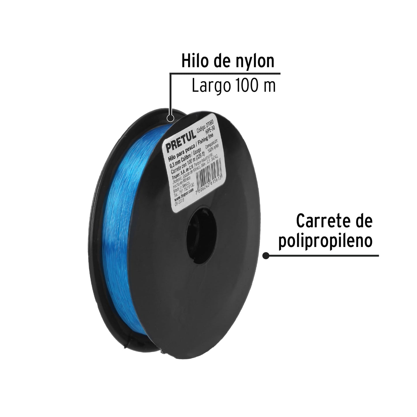 Carrete con 100 m de hilo para pesca azul calibre 0.30 mm HIPE-30 27060 MM00