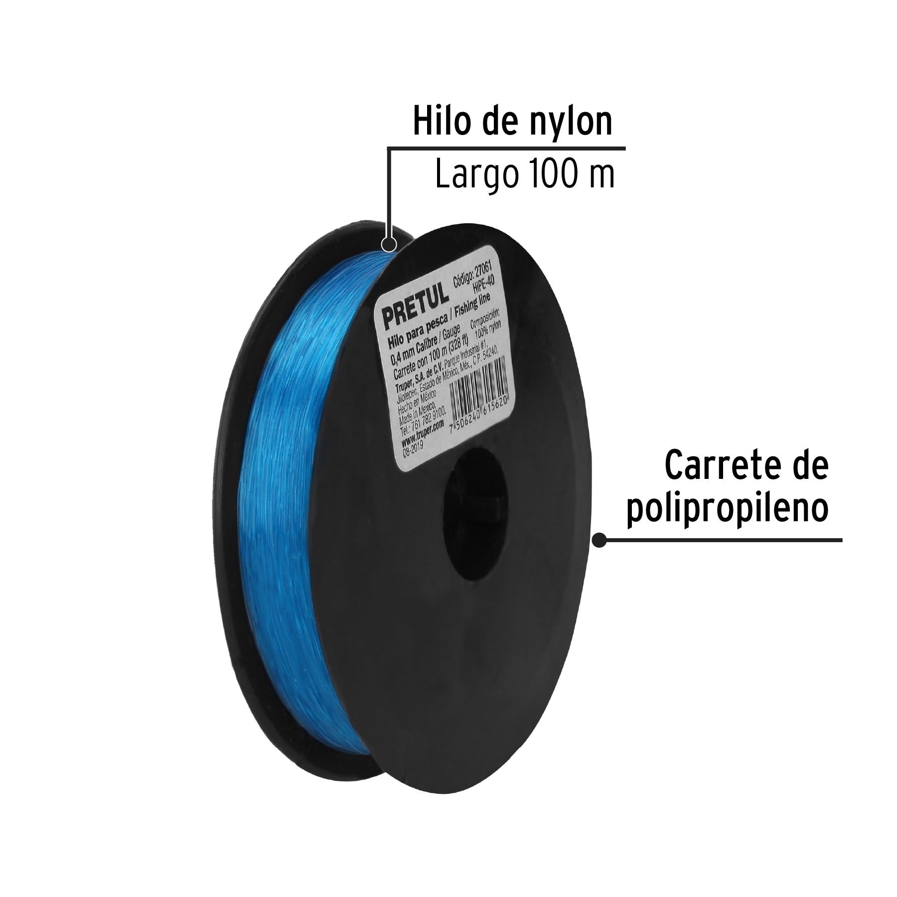 Carrete con 100 m de hilo para pesca azul calibre 0.40 mm HIPE-40 27061 MM00