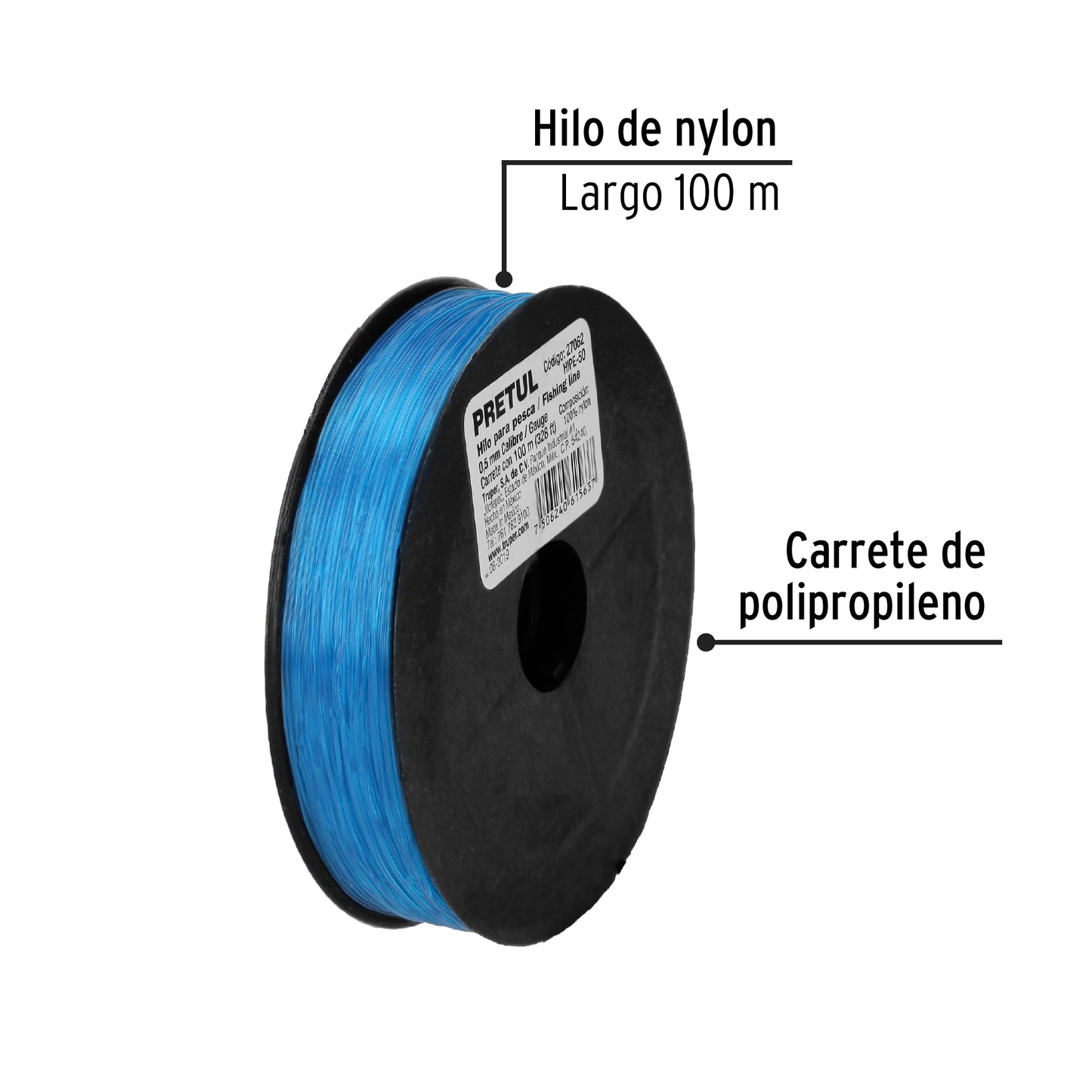 Carrete con 100 m de hilo para pesca azul calibre 0.50 mm HIPE-50 27062 MM00