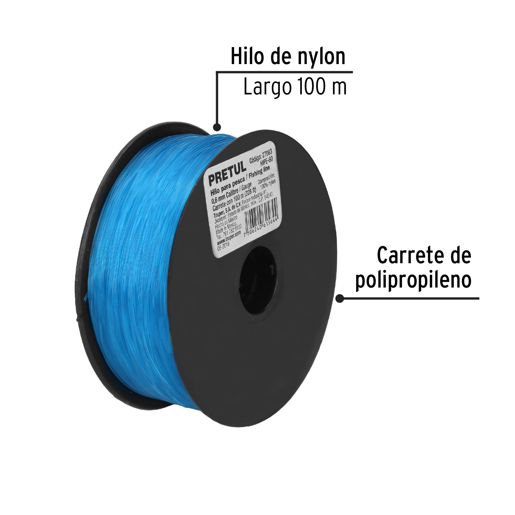 Carrete con 100 m de hilo para pesca azul calibre 0.60 mm HIPE-60 27063 MM00