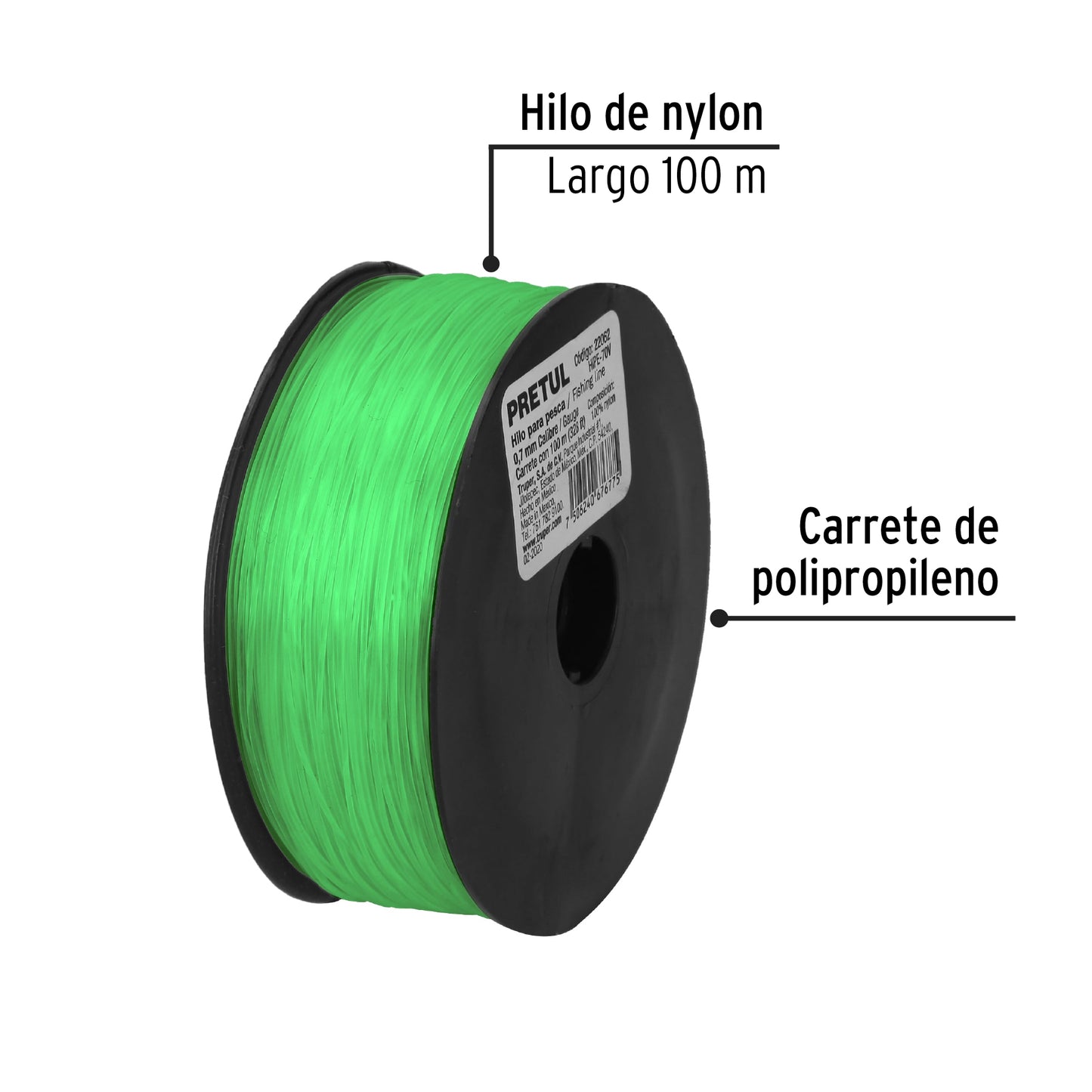 Carrete con 100 m de hilo para pesca verde calibre 0.70 mm HIPE-70V 22062 MM00