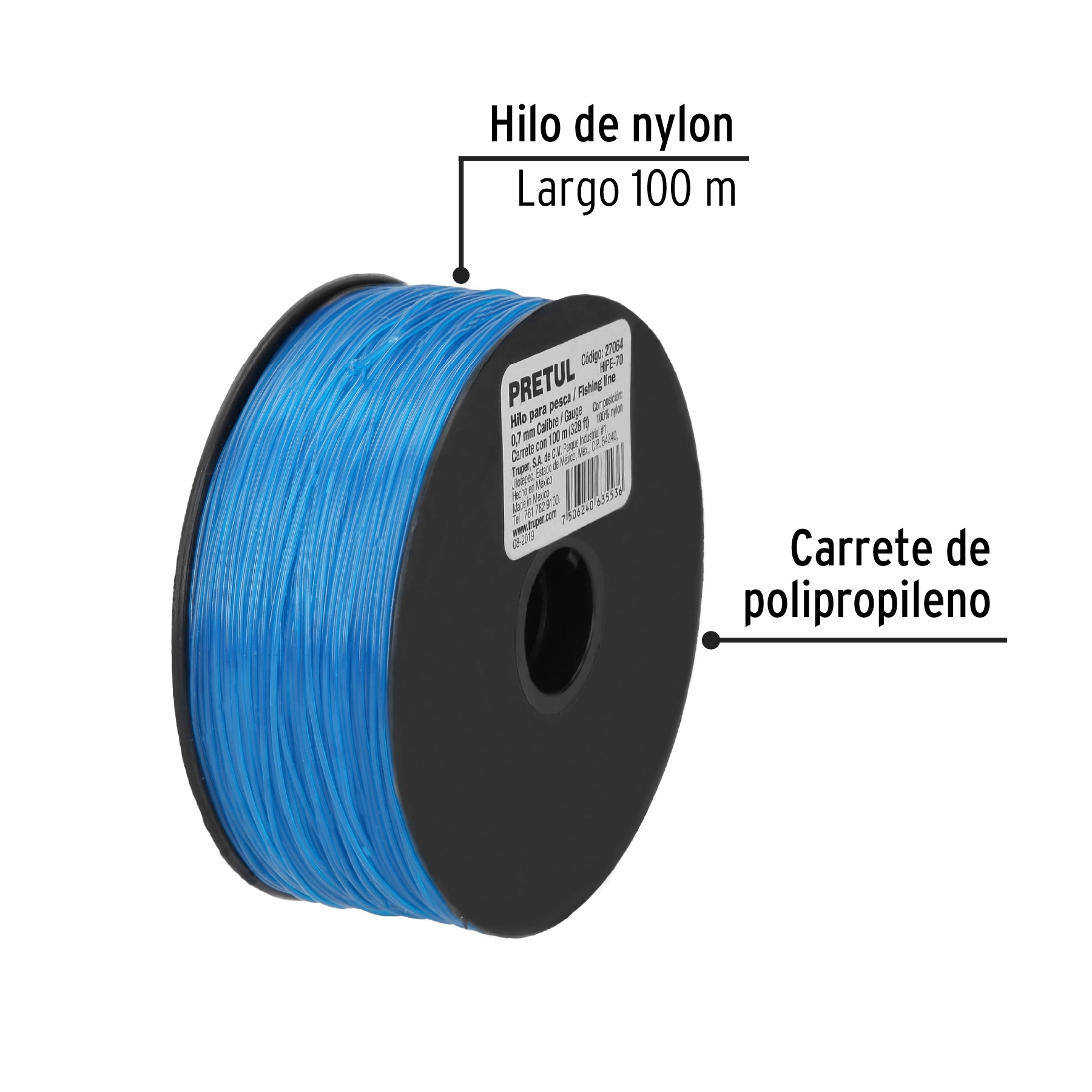 Carrete con 100 m de hilo para pesca azul calibre 0.70 mm HIPE-70 27064 MM00