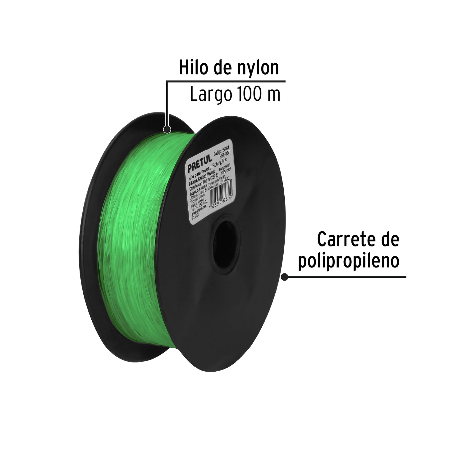 Carrete con 100 m de hilo para pesca verde calibre 0.80 mm HIPE-80V 22063 MM00