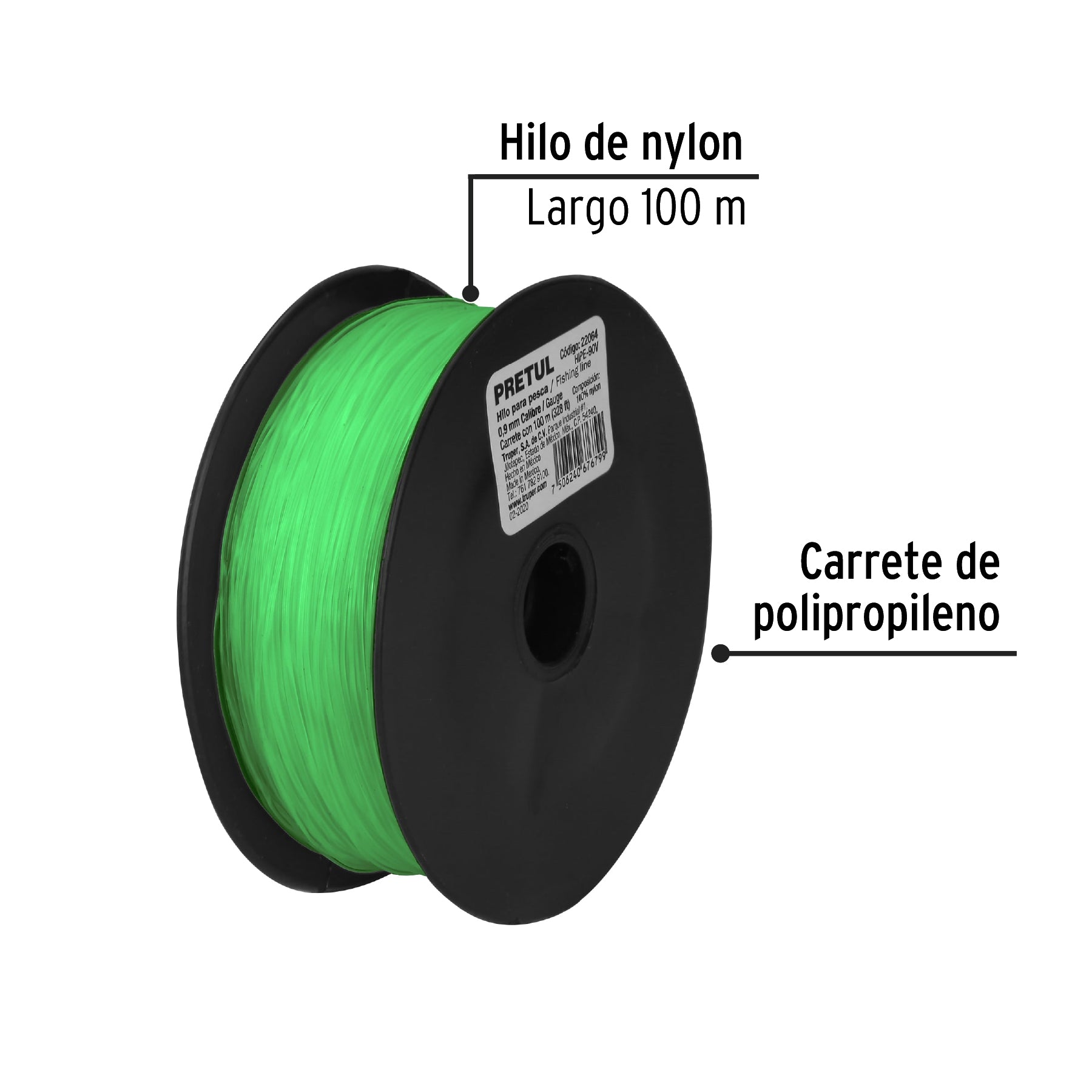 Carrete con 100 m de hilo para pesca verde calibre 0.90 mm HIPE-90V 22064 MM00