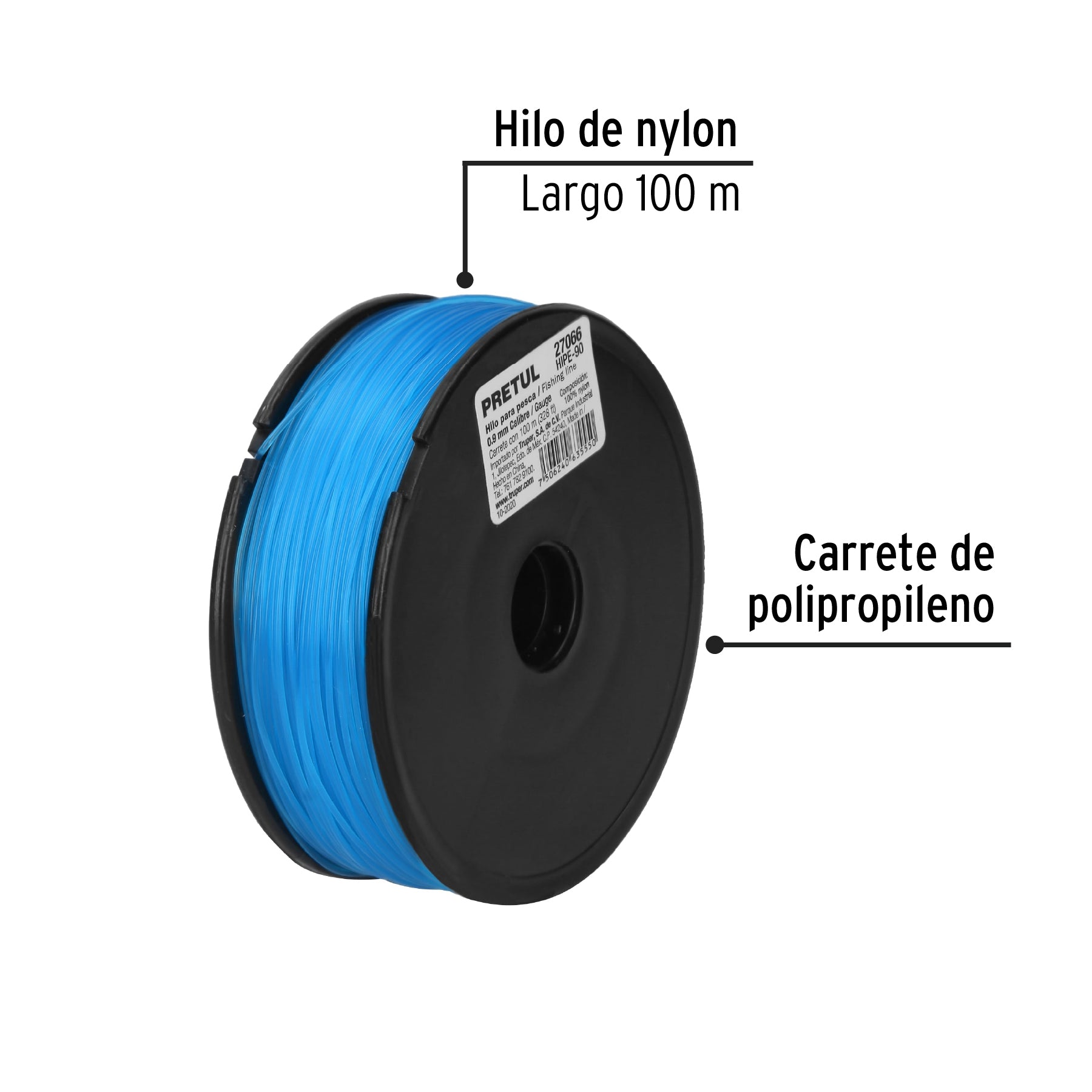 Carrete con 100 m de hilo para pesca azul calibre 0.90 mm HIPE-90 27066 MM00