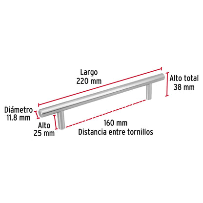 Jaladera de acero 160 mm, estilo 'Cilindro', níquel satinado JAL-0313 43870 MM00